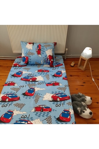 Tek Kişilik Ranforce Kumaş Lastiksiz Çarşaf Takımı Mavi Yarış Arabası Açik Mavi