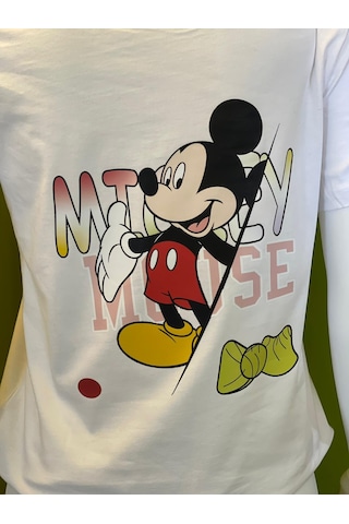 %100 Pamuk Basik Bisiklet Yaka Örme Mickey Mause Minny Mause T-shirt Beyaz