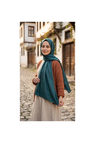 Nukra Jakarlı Pamuk Tesettür Şal Otantik Desen Zümrüt Yeşili 70 X 190 Cm