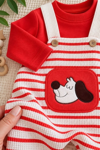 Minigimin Cicileri Köpek Nakış Detaylı Çizgili Gofre Salopetli Erkek Bebek 2 Li Takım - Kiremit