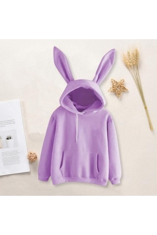 Novahub Kırmızı Kadın Kapüşonlu Sweatshirt - Tavşan Kulak Dekorlu, Uzun Kollu, Rahat Kışlık Üst Kırmızı