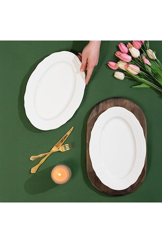 Porsima 4447 Tiffany Porselen Kayık Tabak Seti - Oval Kahvaltılık Sunumluk Seti 30cm 2 Adet Diğer