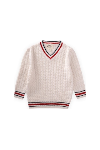 Saç Örgü V Yaka Kazak 2-9 Yaş Ekru Ekru