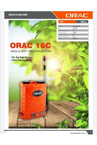 Orac 16C Akülü Şarjlı İlaçlama Pompası 16 L