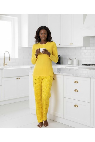 Kadın Sarı Çiçek Desen Mevsimlik Pamuklu Penye Uzun Kol Cepli Pijama Takımı-slim Fit Dar Kalıp Sarı
