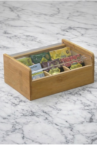 Makri Home Bambu Çay Kutusu Şeffaf Kapaklı Poşet Çay Saklama Organizatörü Bölmeli Tea Box Bambu