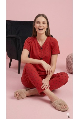 Lxl Yazlık Kırmızı Kalp Desenli Kısa Kol Penye %100 Pamuk Pijama Takım Kırmızı Siyah Kalp