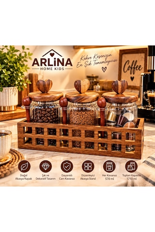3 Lü 570 Ml Cam Kavanoz & Ahşap Stand Seti Şeffat Cam - Akasya Ahşap Kapak