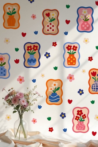 Renkli Çiçekli Vazo Duvar Sticker Seti 68 Parça, 9 Model, Çocuk Odası & Salon Dekorasyonu Dijital Baskı