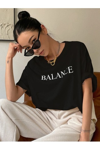 Kadın Siyah Oversize Balance Baskılı Örme T-shirt Siyah-58466