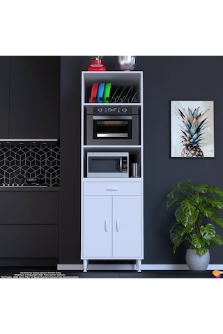 Modilayn Ennet 60x194.6x48 Cm Fırın / Mikrodalga Dolabı 1 Çekmece, 2 Kapaklı. Mutfağınıza Yer Açın Beyaz