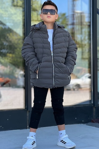 Pina Kids Erkek Çocuk Çıkarılabilir Kapüşonlu Sık Dikişli Nova Kumaş Kışlık Şişme Mont Km4016 Füme