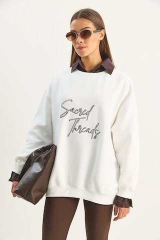 Shade Kadın Gömlek Yaka Nakışlı Üç İplik Şardonlu Oversize Sweatshirt 10020 60283675 - Ekru-kahverengi Çok Renkli