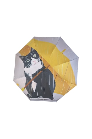 Eleven Markets Kedi Desenli Şemsiye Rüzgara Dayanıklı Çanta Boy Bayan Şemsiyesi Sarı-gri