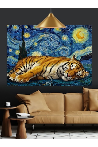 Van Gogh Tarzı Yıldızlı Kaplan Dekoratif Kanvas - Mdf Ahşap Tablo