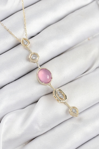 Pirinç Zincir Pembe Gold Renk Zirkon Taşlı Y Kolye Altın - Beyaz 77837994