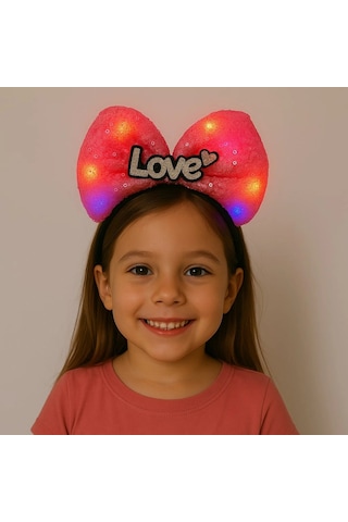 Led Işıklı Love Yazılı Fuşya Fiyonk Taç Kız Çocuk Parti Tacı
