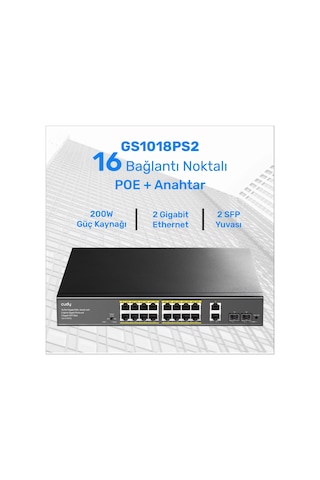 Cudy GS1018PS2 16 Port 10/100mbps Gigabit Poe 2port Gigabit 200w Metal Masaüstü Switch