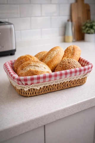 Rattan Hasır Ekmeklik Kare Pötikare Kumaşlı Masa Üstü Ekmek Sepeti Mutfak Organizer Çok Renkli