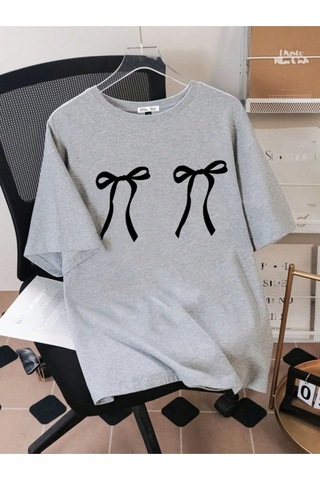 Siyah Kurdela Baskılı Süprem Gri T-shirt - Oversize Bisiklet Yaka Kısa Kol Tişört Gri