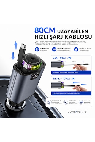 Ultratekno C7 Araç Şarj Cihazı 5in1 45w Hızlı Şarj Oto Parfüm Difüzör Type-c & Lightning Makaralı Kablo Rgb Yıldız Işığı Araç İçi Nemlendirici Gri