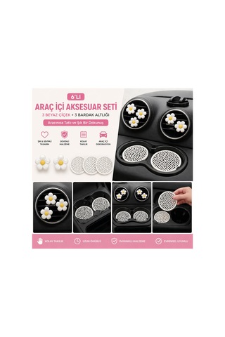 Beyaz Bardaklık Altlığı & Sarı Beyaz Papatya Klima Süsü 6 Lı Araç İçi Aksesuar Seti