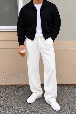 Tarz Cool Erkek Oversize Baggy Fit Eşofman Altı %100 Pamuk 3 İplik Şardonlu Bol Paça Rahat Kesim Beyaz
