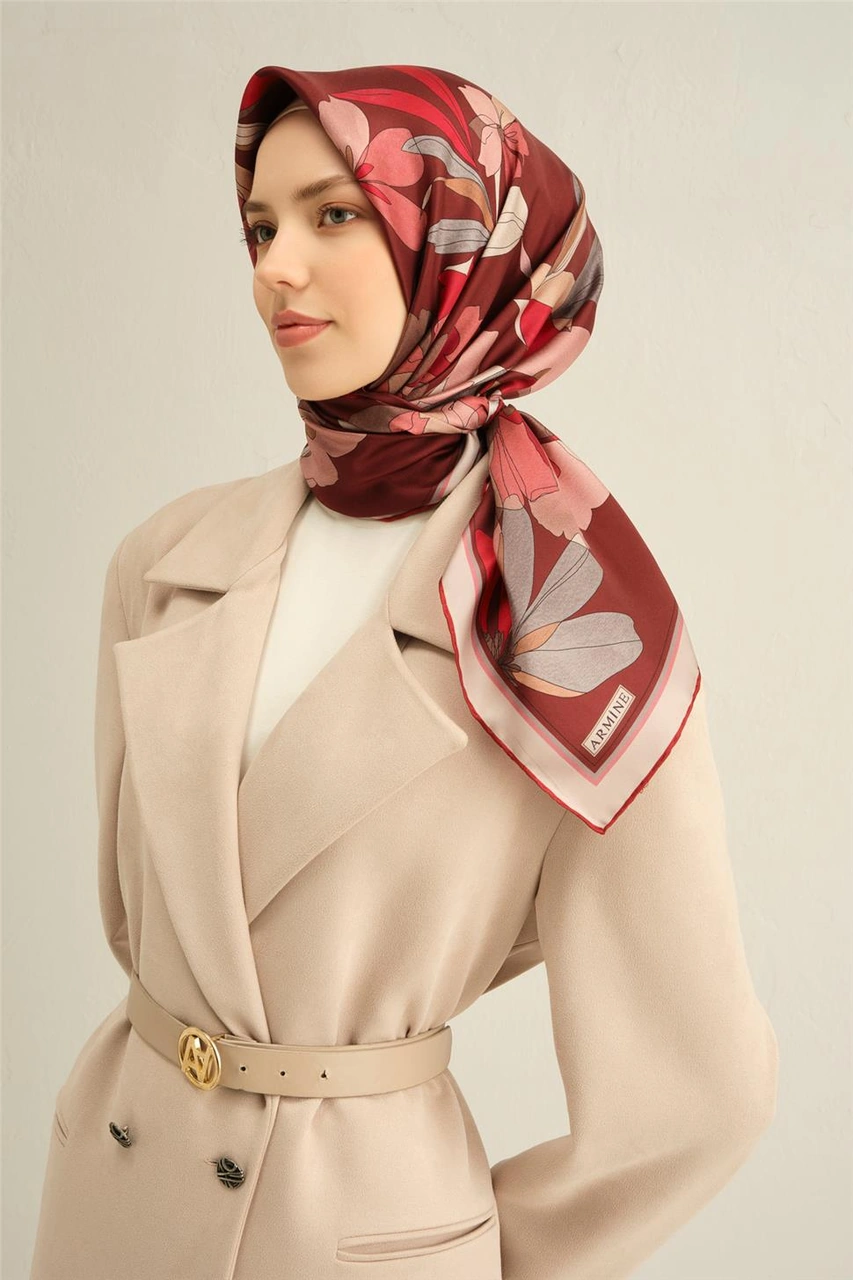 Armine Çiçek Desenli Saf İpek Sura Eşarp 9312d 85 Bordo