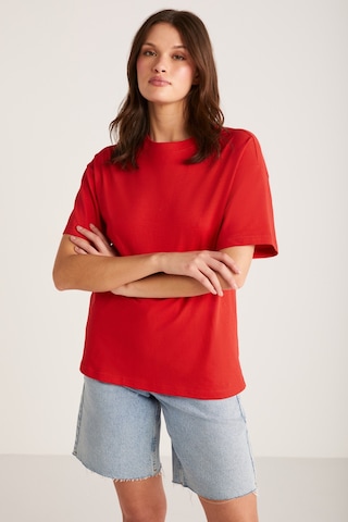 ETHIQUET AGERTHA Kadın %100 Organik Pamuklu Regular Fit Bisiklet Yaka Kısa Kollu Kırmızı T-shirt