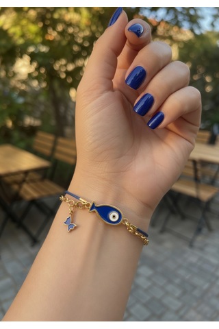 Nazar Balığı & Kelebekli Gold Bileklik Sarı - Lacivert