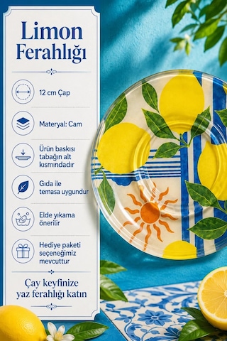 6 Lı Cam Çay Tabağı Limon Desenli, Mavi Çizgili 12 Cm 6 Adet Çay Tabak Sarı