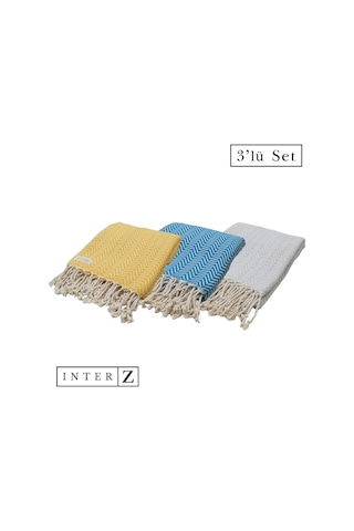 3'lü Set Peştemal Plaj Havlusu , %100 Pamuk , Xxl 100x180cm, Marmaris, Sarı-gri-mavi