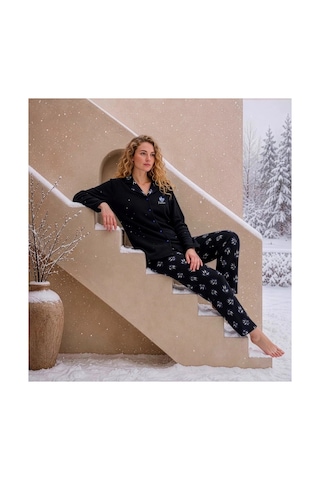 Pijamoni Kadın Waffle Kumaş Önden Düğmeli Uzun Kollu Pijama Takımı Siyah