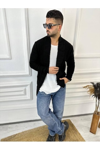 Elku Moda Hırka Örgülü Şal Yaka Cepli Tüylenmez Örgü Triko Hırka Siyah