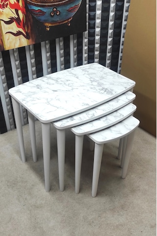 4 Lü Mdf Lam Ahşap Zigon Sehpa Beyaz Mermer