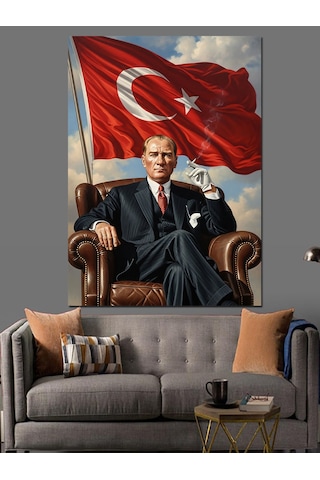 Koltukta Oturan Gururlu Atatürk Portresi Dekoratif Kanvas - Mdf Ahşap Tablo