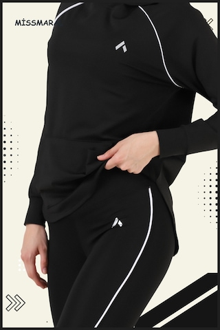 Kadın Eşofman Takım Siyah Üst Tunik & Siyah Regular Fit Lycralı Tayt Dalgıç Kumaş Aktif Spor 3060 Siyah Beyaz Şeritli