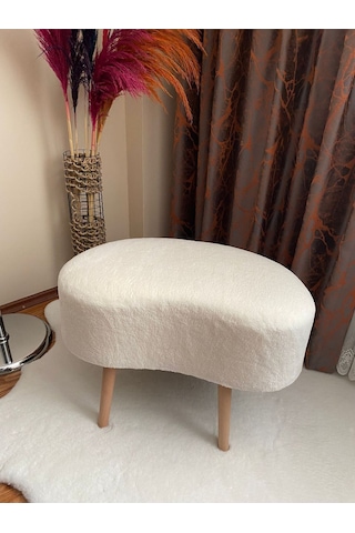 Fasulye Model Ahşap Ayaklı Teddy Kumaş Dekoratif Puf Beyaz