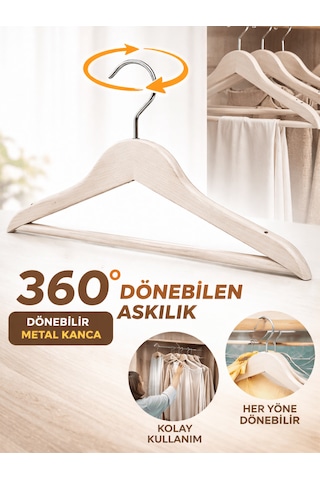 Beylini 3'lu Ahşap Görünümlü Plastik Askılık Yetişkin Kıyafetleri İçin Dayanıklı Elbise Gömlek Kancalı Askı Bej
