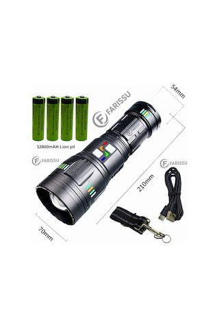 200w Süper Güçlü Lazer Led El Feneri - 6000 Lümen, 3000m Menzil Ve Powerbank Özellikli 4 Pilli Set Siyah