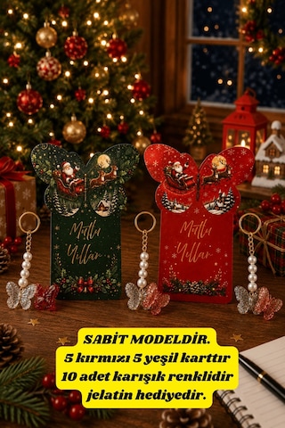 Butterfly Yeşil & Kırmızı Noel Baba Kartlı Renkli Kelebek Anahtarlık - Yılbaşı Hediyesi - 10x13cm