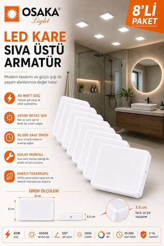 8 Adet Osaka 40w Kare Sıva Üstü Armatür Beyaz Işık 6500k