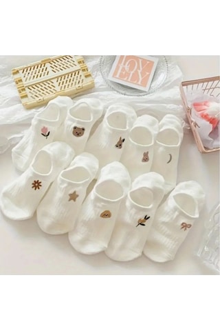 Kadın 10 Çift Premium Çiçek Ve Hayvan Desenli Görünmez Babet Çorap Şeker Beyazı ASORTİ