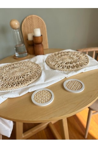 2 Li Rattan Hazeran Bardak Altlığı Beyaz %100 Doğal Hazeran Beyaz