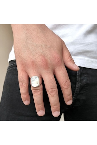 925 Ayar Gümüş Sade Tasarım Sedef Taşlı Erkek Yüzük - 556385003