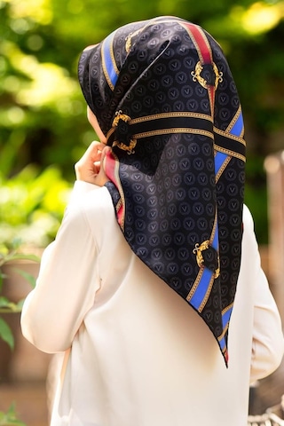 Vissona Siyah Saks Karma Desen Tivil İpek Eşarp 10653-0001-0032
