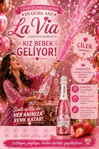 Simli Çilek Aromalı Alkolsüz İçecek Kız Bebek Pembe Renk Cinsiyet Partisi Şampanyası