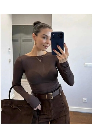 Pantofashion Kayık Yaka Modal Kaşmir Ultra Hafif Bluz Kahverengi