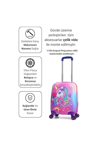 Gedox Kids Lila Pembe Gökkuşağı Unicorn Desenli Kız Çocuk Valizi 154.04 Lila