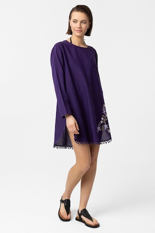 Mor Nakış İşlemeli Uzun Kollu Pamuklu Bluz Elbise Mor